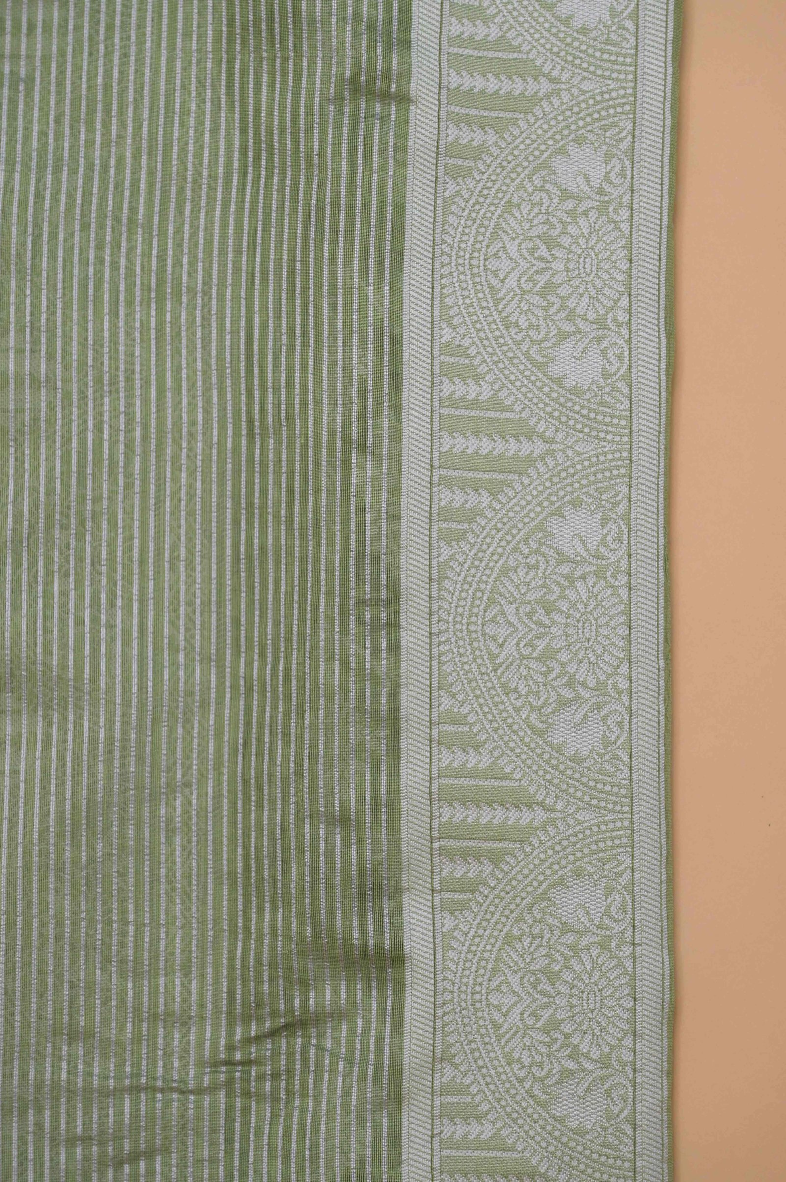 Leaf Jaal Olive Green Pure Cotton Saree With Strip Blouse